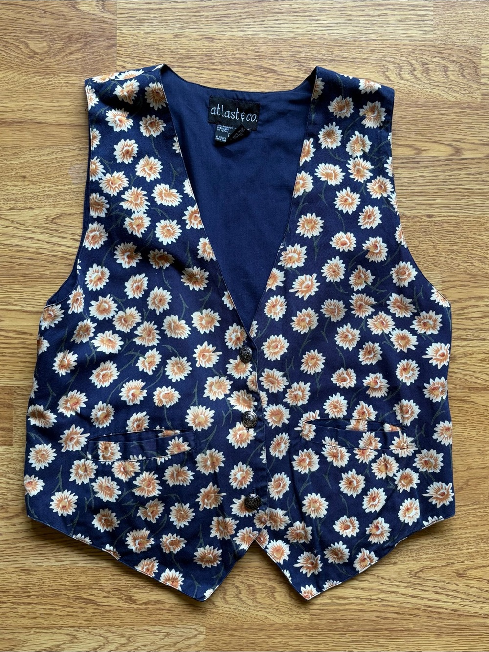At Last & Co Navy Yellow Floral Sunflower Button Vest Back Tie 90s Y2K Sz L
